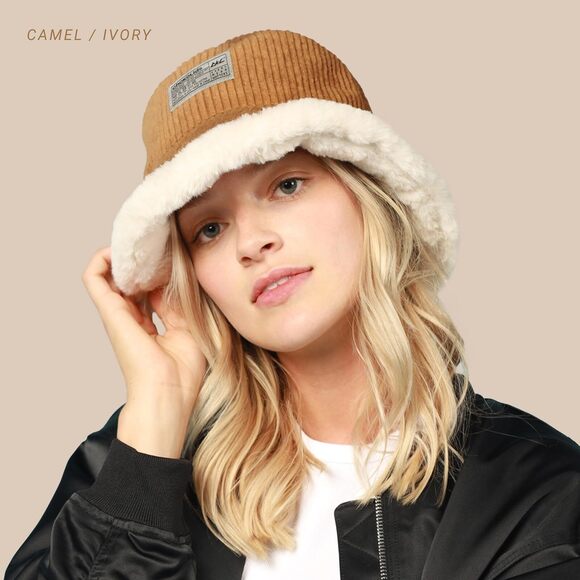 3427 Reversible Fur Bucket Hat Elegant Fuzzy Bucket Hat Corduroy Trendy